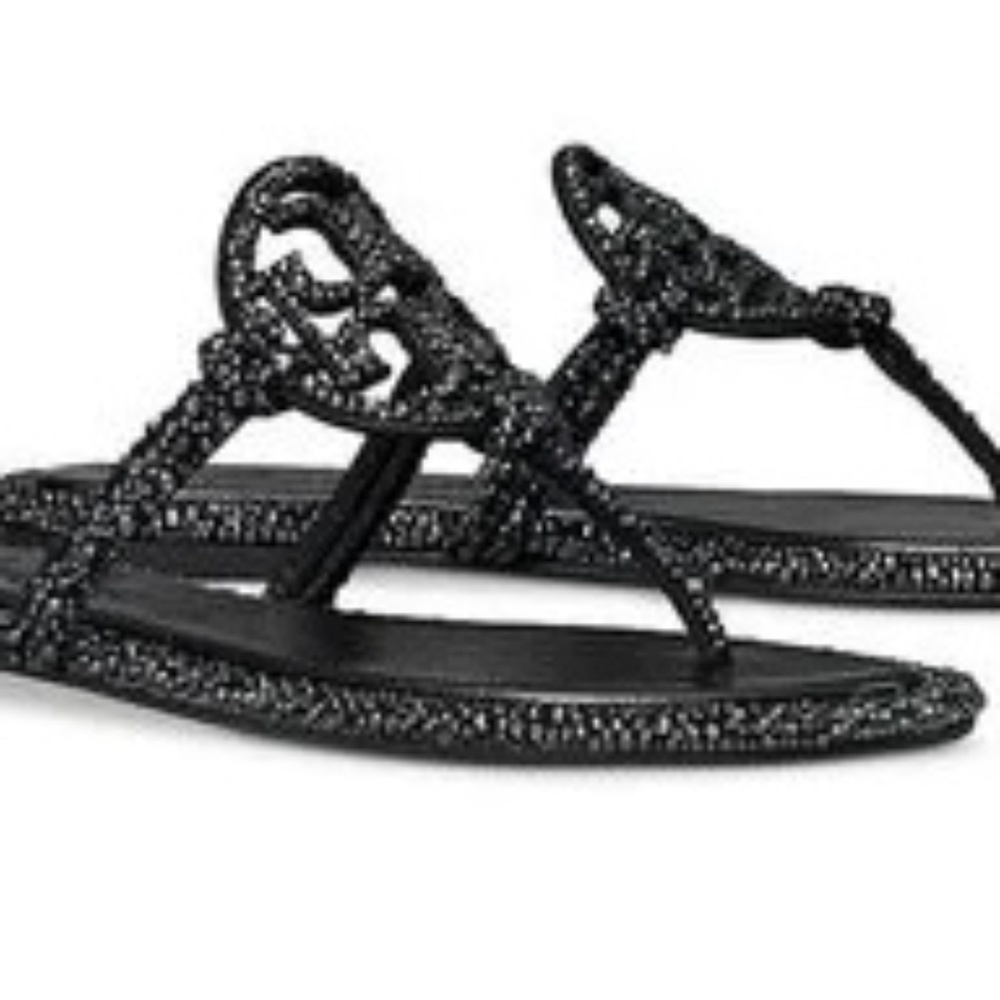 NIB Tory Burch x BonBon Knotted Crystal miller  sandals Sugared Licorice black